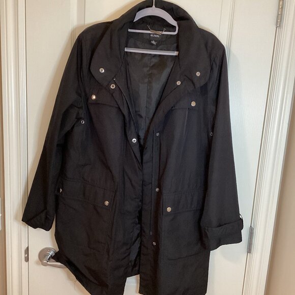 Alfani Womens Black Rain Coat Jacket Size L Hooded Lined Lightweight Windbreaker - Picture 1 of 11